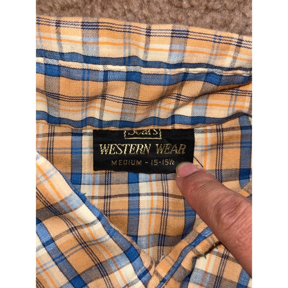 Sears Button Up Mens Medium Tan Plaid Western Snap Button Long Sleeve Shirt 80s - Picture 4 of 7
